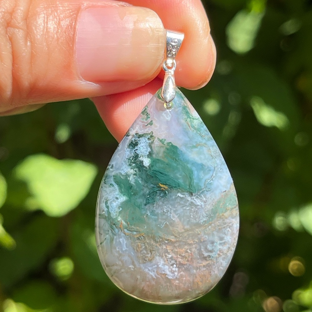 Sterling silver 925 stamped moss agate‎ pendant
